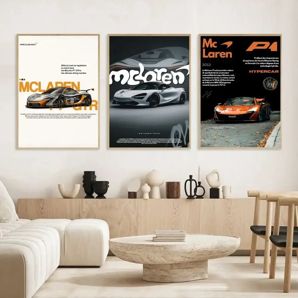 Three framed mclaren p1 gtr luxury posters in vibrant orange and silver hues ideal for living room decor