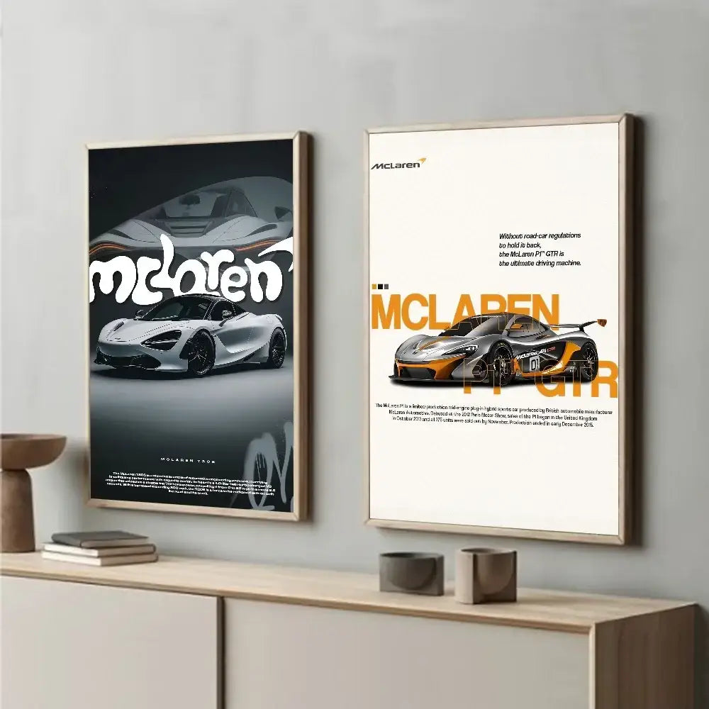 Two framed mclaren posters featuring a white 720s and an orange and black mclaren p1 gtr luxury poster for living room decor