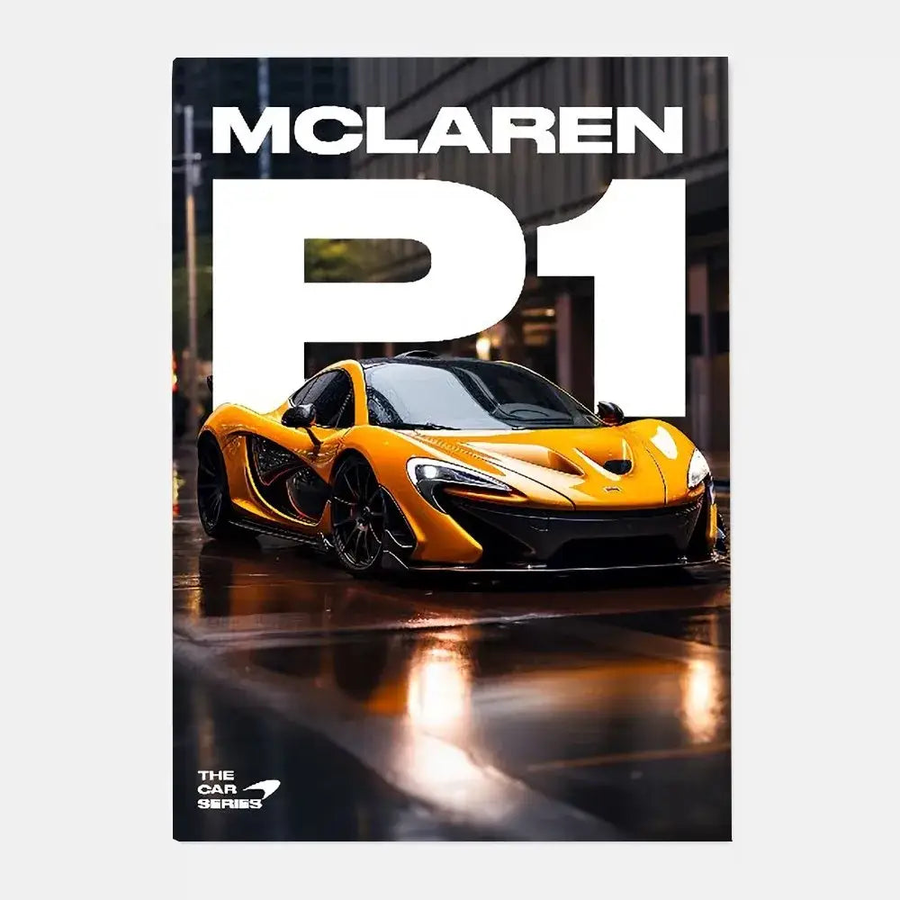 Vibrant orange mclaren p1 gtr luxury poster featuring sleek aerodynamic design and black accents for living room decor