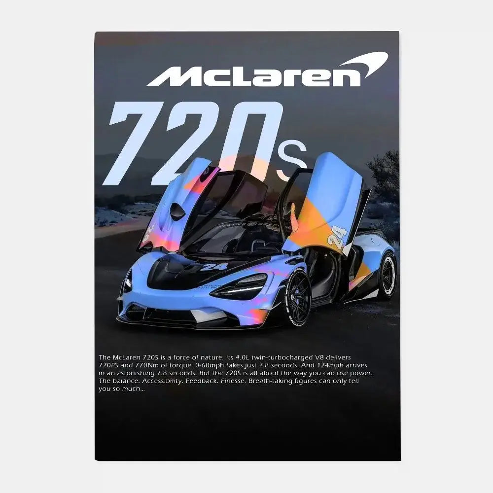 A vibrant blue and orange mclaren p1 gtr luxury poster with glossy iridescent finish for living room decor