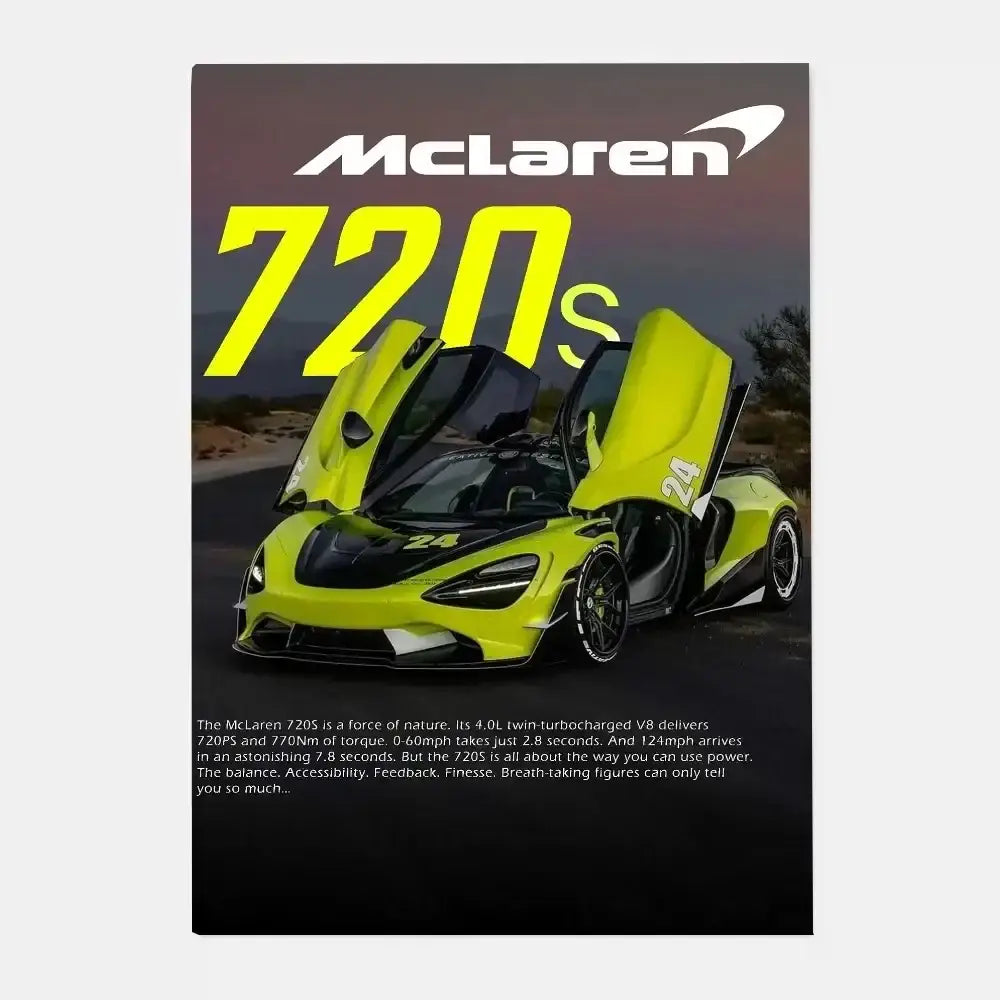 Vibrant lime green mclaren 720s with open gull-wing doors featured in a gtr luxury poster for living room decor