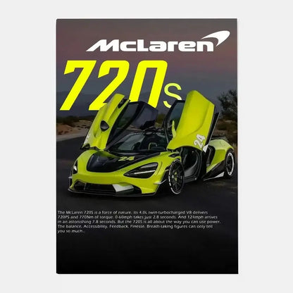 Vibrant lime green mclaren 720s with open gull-wing doors featured in a gtr luxury poster for living room decor