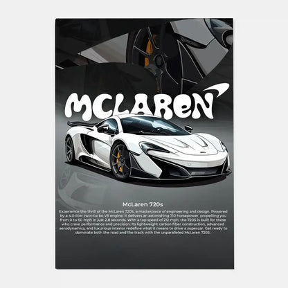 Decorbites™ mclaren p1 gtr luxury poster featuring white mclaren 720s with black accents and gold wheels for living room
