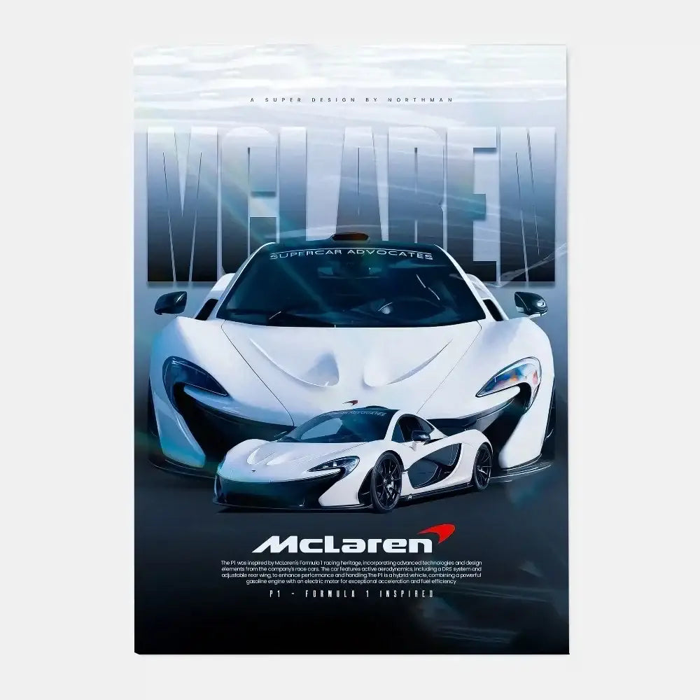 White mclaren p1 gtr luxury poster with sleek aerodynamic design and black accents for living room decor