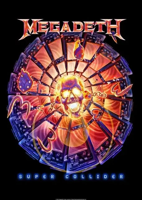 Megadeth canvas poster featuring a glowing fiery skull with keyboards and dice circular design rock music wall art