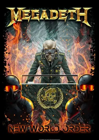 Decorbites™ megadeth canvas poster features a skeletal figure in olive-green uniform behind barbed wire fiery scene rock music wall art