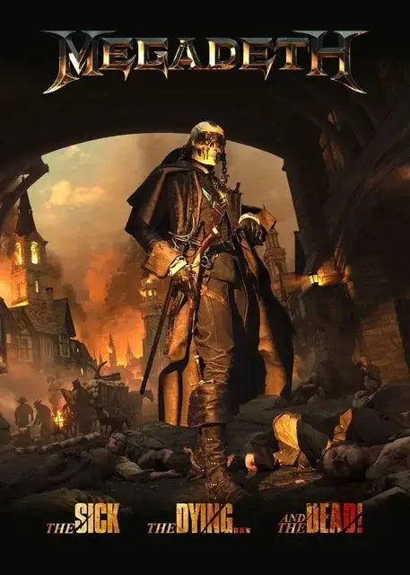 Dark armored skeleton warrior in long coat canvas poster with fiery ruins rock music wall art decorbites megadeth