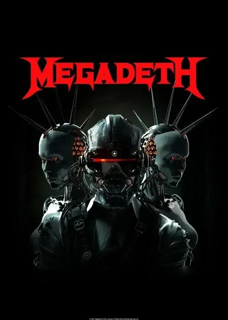 Dark metallic robotic figures with glowing red eyes on a megadeth canvas poster rock music wall art decoration