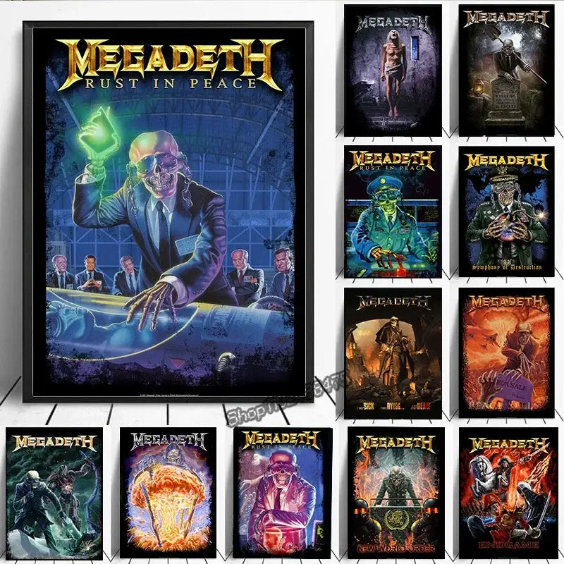 A framed DecorBites Megadeth canvas poster featuring a skeletal figure and band members in dark blue rock music wall art