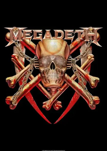 DecorBites™ Megadeth canvas poster features golden skull with metallic chain faceplate on crossed bones rock music wall art