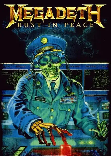 DecorBites™ Megadeth canvas poster featuring green-skinned skeleton in blue military uniform rock music wall art