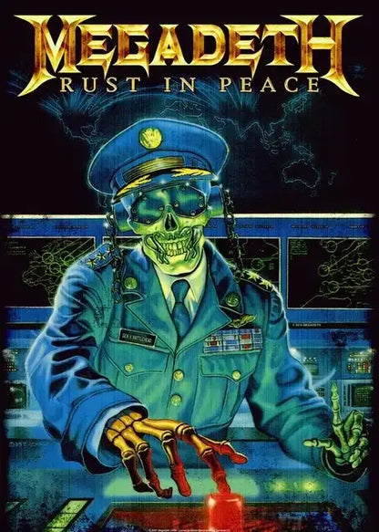 DecorBites™ Megadeth canvas poster featuring green-skinned skeleton in blue military uniform rock music wall art