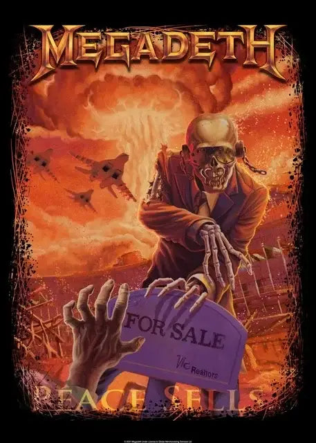 DecorBites™ Megadeth canvas poster featuring skeletal figure with for sale sign against fiery sky rock music wall art