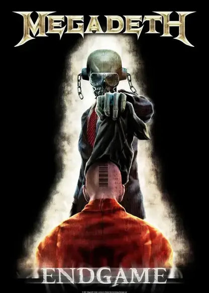 Metallic skull wearing gas mask and chains dressed in dark suit with red tie canvas poster rock music wall art