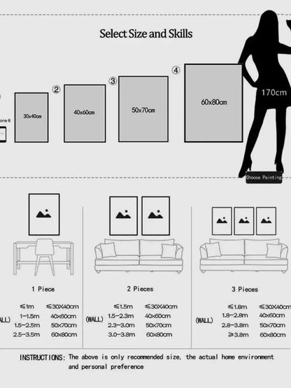 A minimalist black and white line art woman beside four framed canvas poster size options for rock music wall art