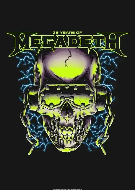 Neon green and black illustrated skull with goggles and chains on a megadeth 35th anniversary canvas poster wall art