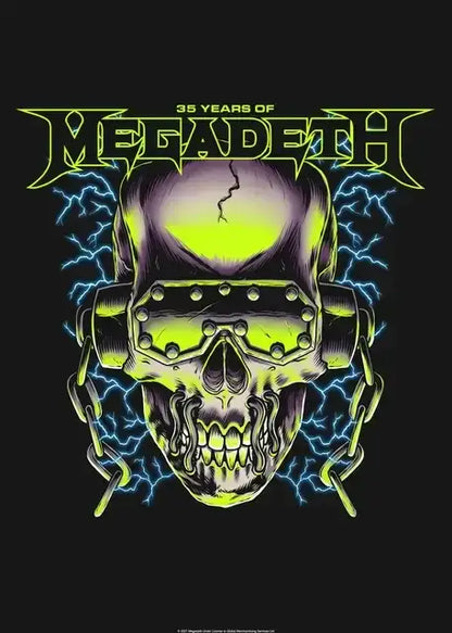 Neon green and black illustrated skull with goggles and chains on a megadeth 35th anniversary canvas poster wall art