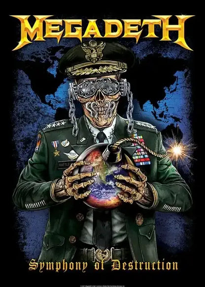DecorBites™ Megadeth canvas poster featuring a skeleton in military uniform holding a globe and bomb for rock music wall art