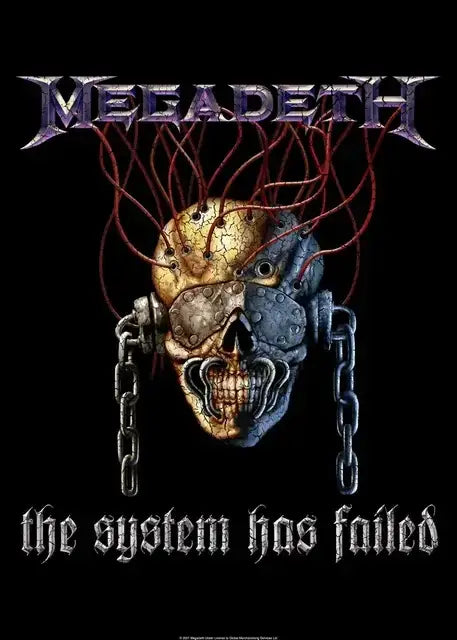DecorBites™ Megadeth canvas poster with metallic gold and blue split-skull wall art featuring red wires and chains