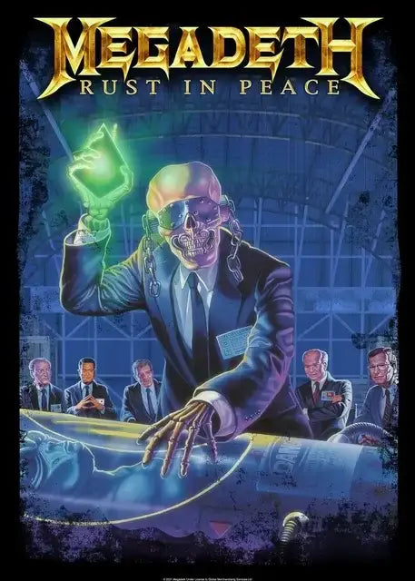DecorBites Megadeth canvas poster featuring golden embossed skeletal figure holding glowing green object rock music wall art