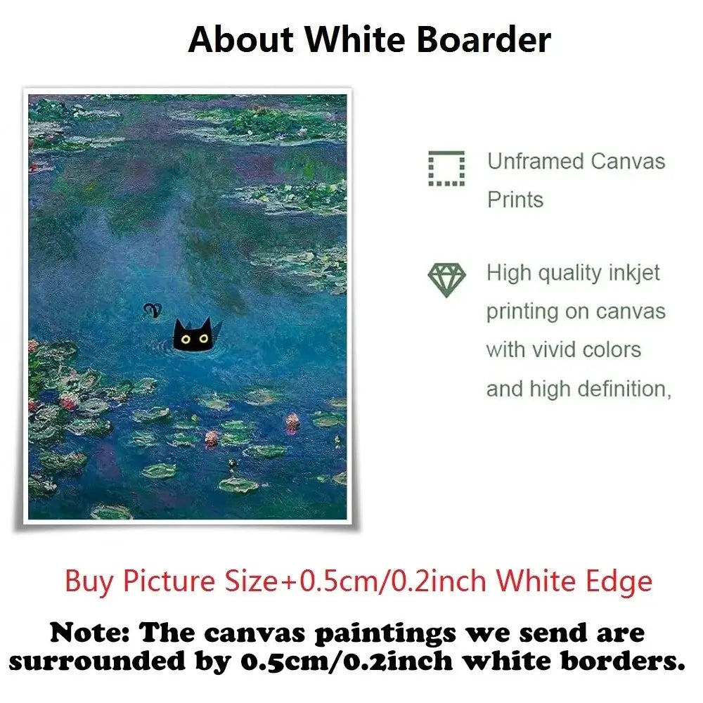 Unframed canvas poster featuring vivid blue water lily pond with black cat face for rock music wall art decor