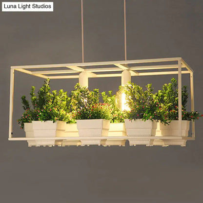 DecorBites metal white rectangular light fixture with integrated led bulbs and artificial bonsai in five ceramic pots and fixture width