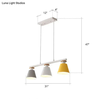 Modern three-light pendant with white metal frame and gray white yellow shades compatible with 110v-120v led bulbs