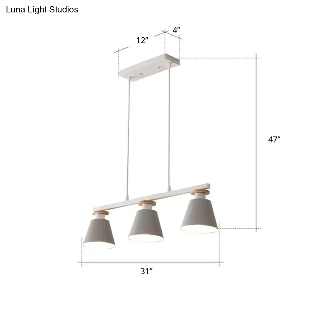 Modern white and gray metal three-light pendant with wooden accents for dining room compatible with 110v-120v led and incandescent bulbs