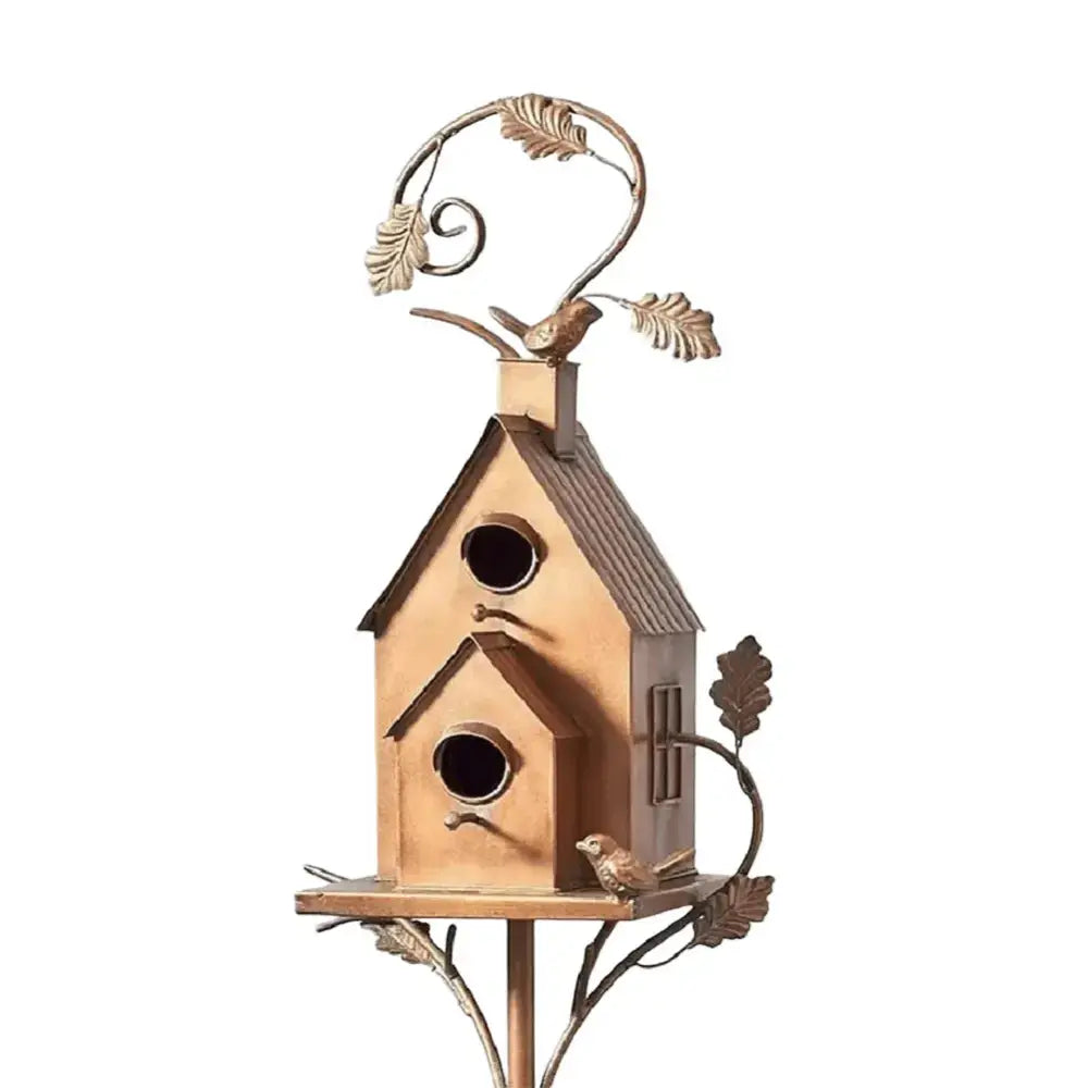 Bronze-colored metal birdhouse garden stake with ornate leaf and bird embellishments for outdoor decor by decorbites