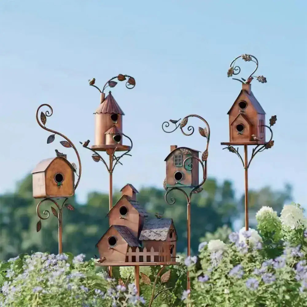 DecorBites metal birdhouse garden stakes with copper-toned metal birdhouses and ornate leafy scrollwork stands for outdoor decor