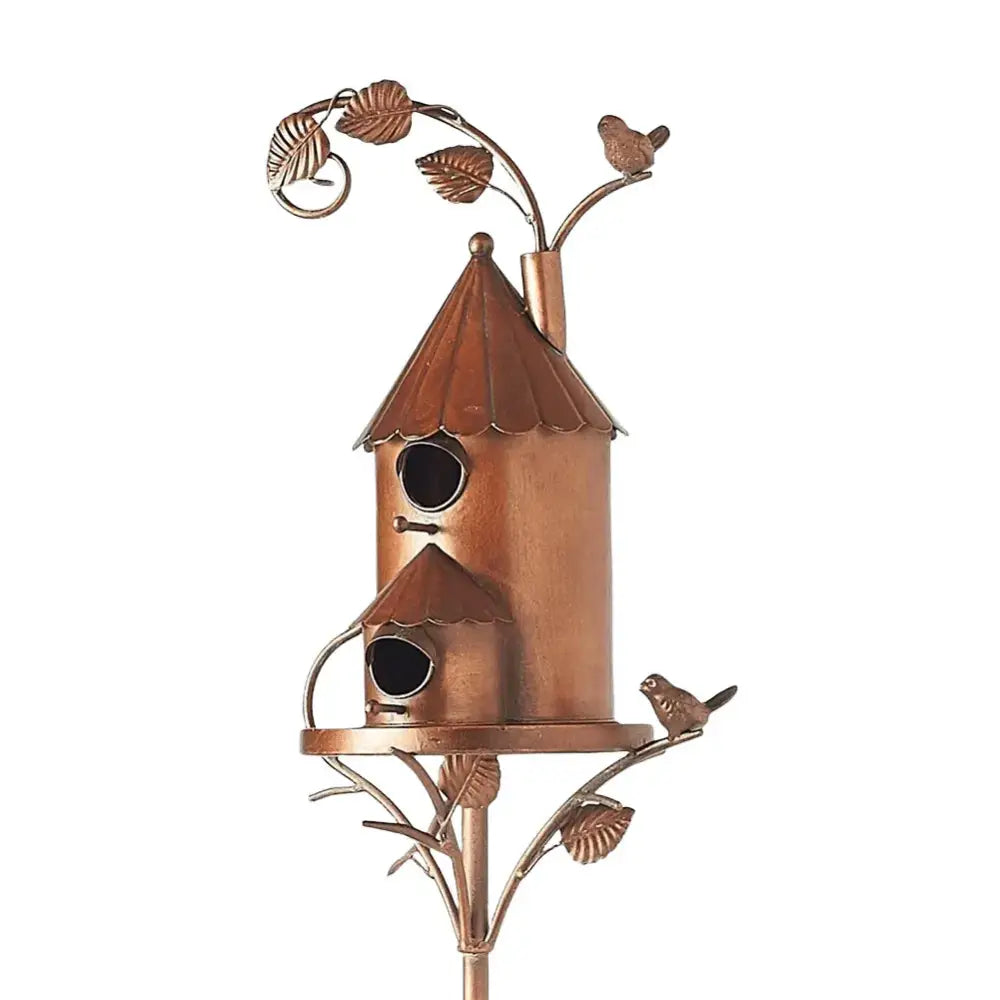 Copper-colored metal birdhouse garden stakes with two nesting compartments and decorative leaf and bird embellishments