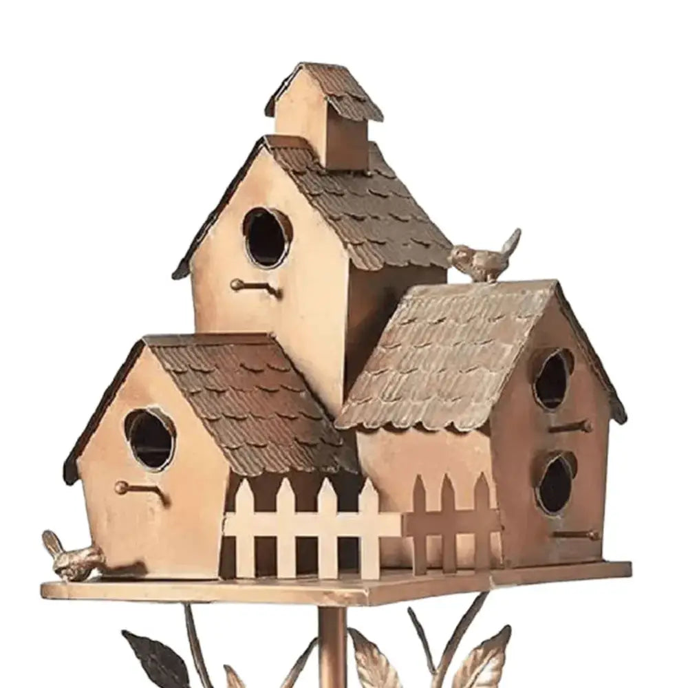 Copper-toned metal DecorBites™ birdhouse garden stakes with three shingled compartments and decorative picket fence details