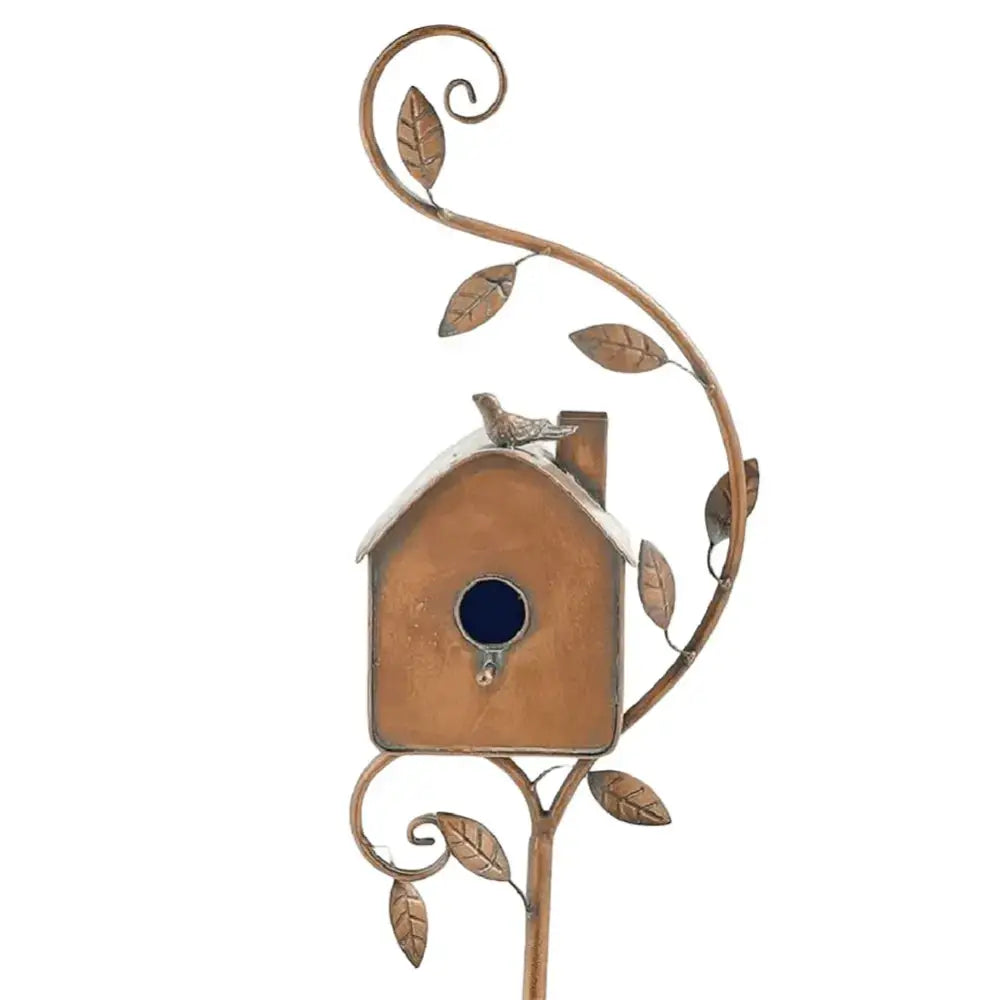 Copper-toned metal birdhouse garden stakes with leafy vine design and silver bird for outdoor decor by DecorBites™