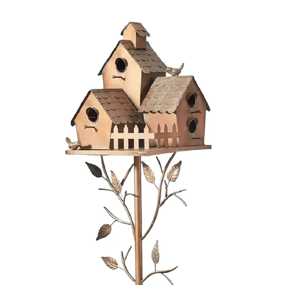 Copper-toned metal birdhouse garden stakes with three interconnected houses and decorative picket fence detail