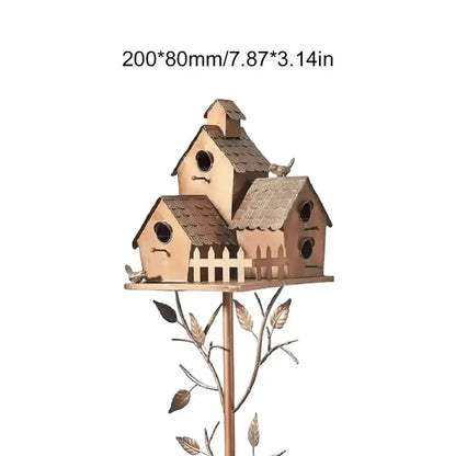 Copper-toned metal DecorBites™ birdhouse garden stakes with three compartments and shingled roofs on a branch stand
