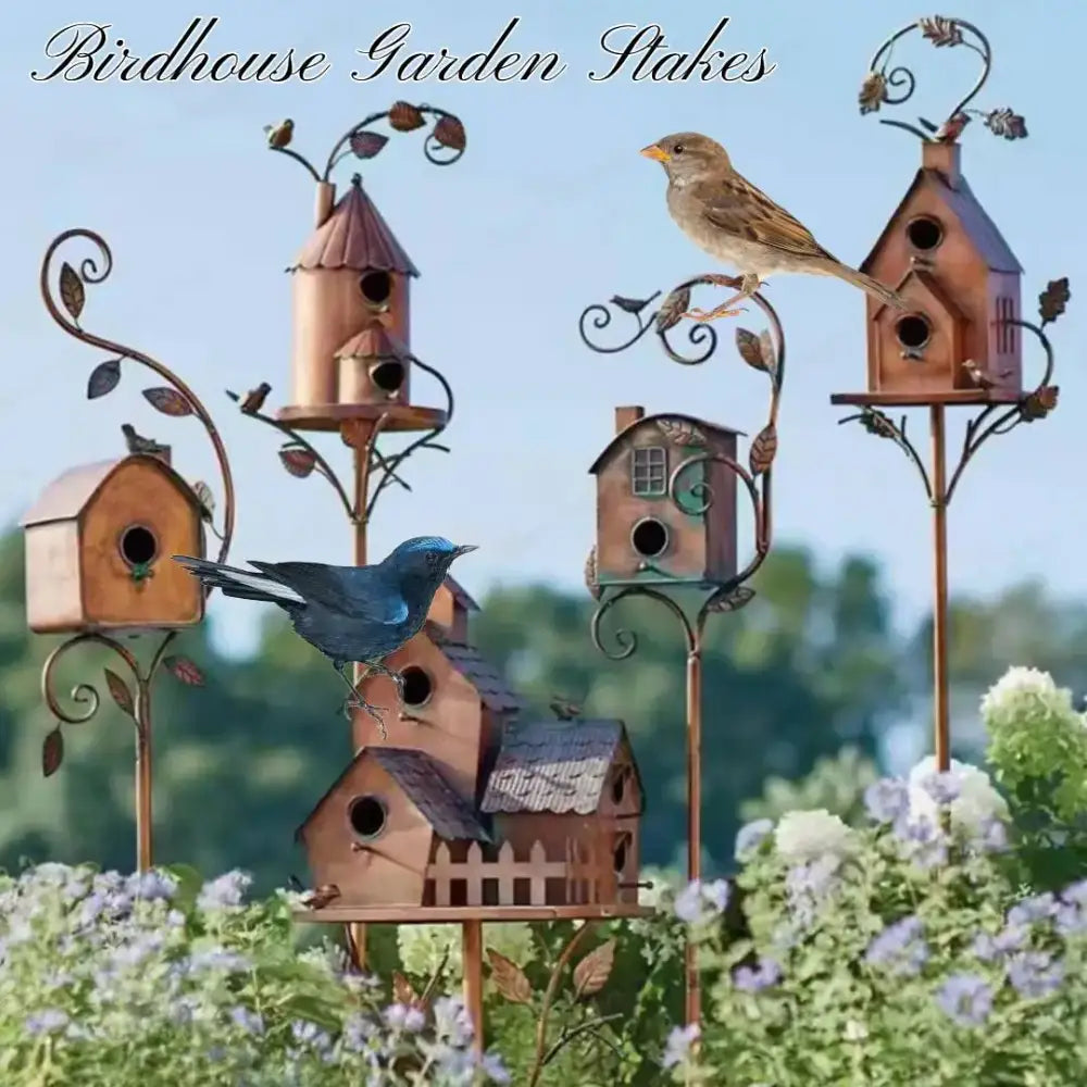 DecorBites metal birdhouse garden stakes in copper tone with ornate wrought iron leafy scrollwork for outdoor decor