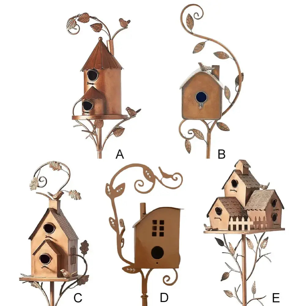Decorbites™ copper-toned metal birdhouse garden stakes with ornate leaf designs and multiple entry holes for outdoor decor