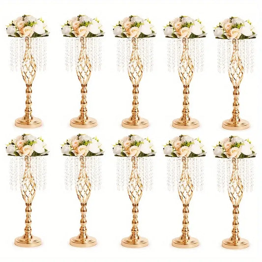 DecorBites metal flower vases in gold with intricate lattice design topped with white and peach roses for wedding centerpieces