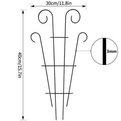 Black wrought iron metal garden plant stand with ornate curved tops and horizontal crossbars for indoor outdoor use