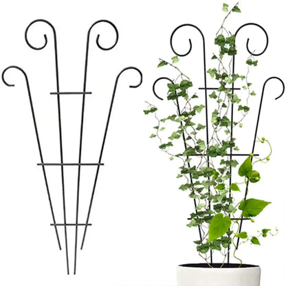 Black wrought iron metal garden plant stand with elegant curved tops and horizontal supports for indoor outdoor use