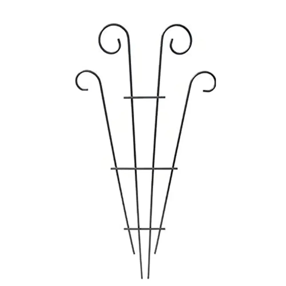 Black wrought iron metal garden plant stand with elegant curved tops and vertical support bars for indoor and outdoor use