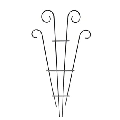 Black wrought iron metal garden plant stand with elegant curved tops and vertical support bars for indoor and outdoor use