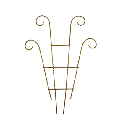 Gold-colored metal garden plant stand with three curved ornate tops for indoor and outdoor plant growth from decorbites