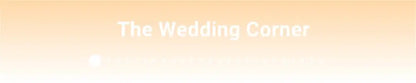 The wedding corner logo with elegant white text on a peach to pale yellow background for a metal golden flower stand candle holder