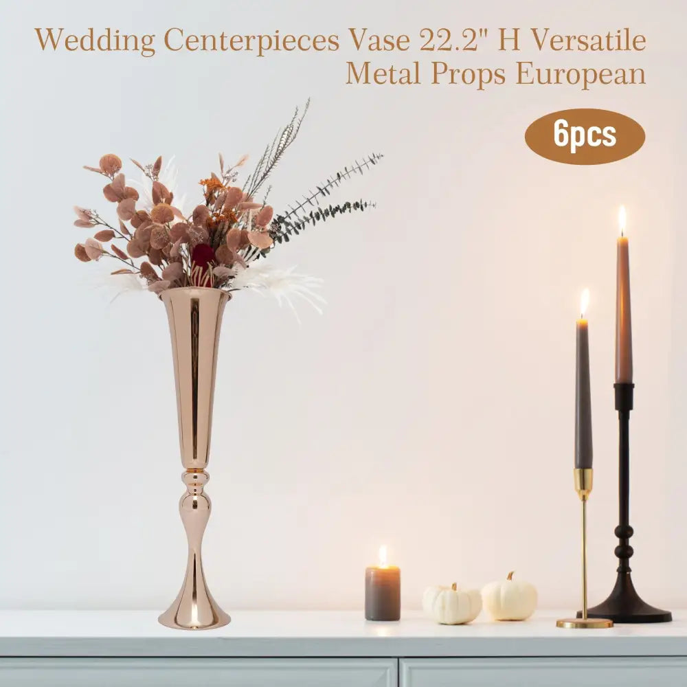 Decorbites™ rose gold metallic metal golden flower stand vase candle holder with slender design and fluted base