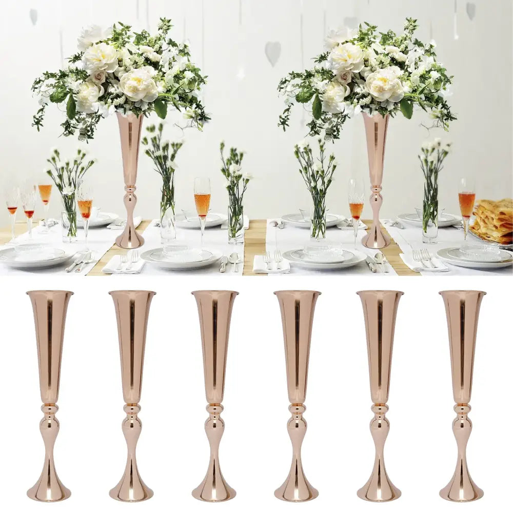 Rosé gold metallic decorbites metal flower stand vase candle holder with tall flared bases and slender stems