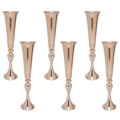 Set of five rose gold metallic metal golden flower stand vases with fluted stems and decorative ball accents candle holder