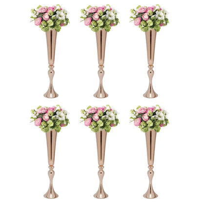 Six rose gold metallic decorbites metal golden flower stand tall vases with pink white artificial flowers candle holder