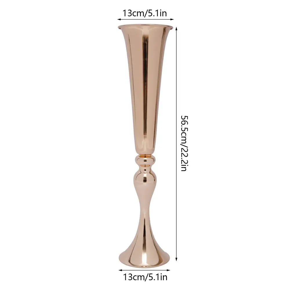 DecorBites metal golden flower stand vase candle holder in rose gold metallic with a flared top and base design