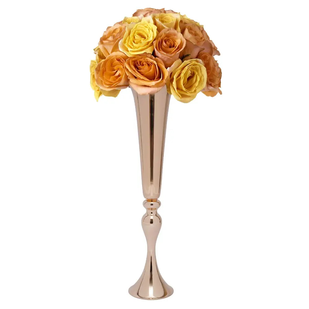 Decorbites metal golden flower stand candle holder vase in rose gold with fluted stem and yellow peach roses bouquet